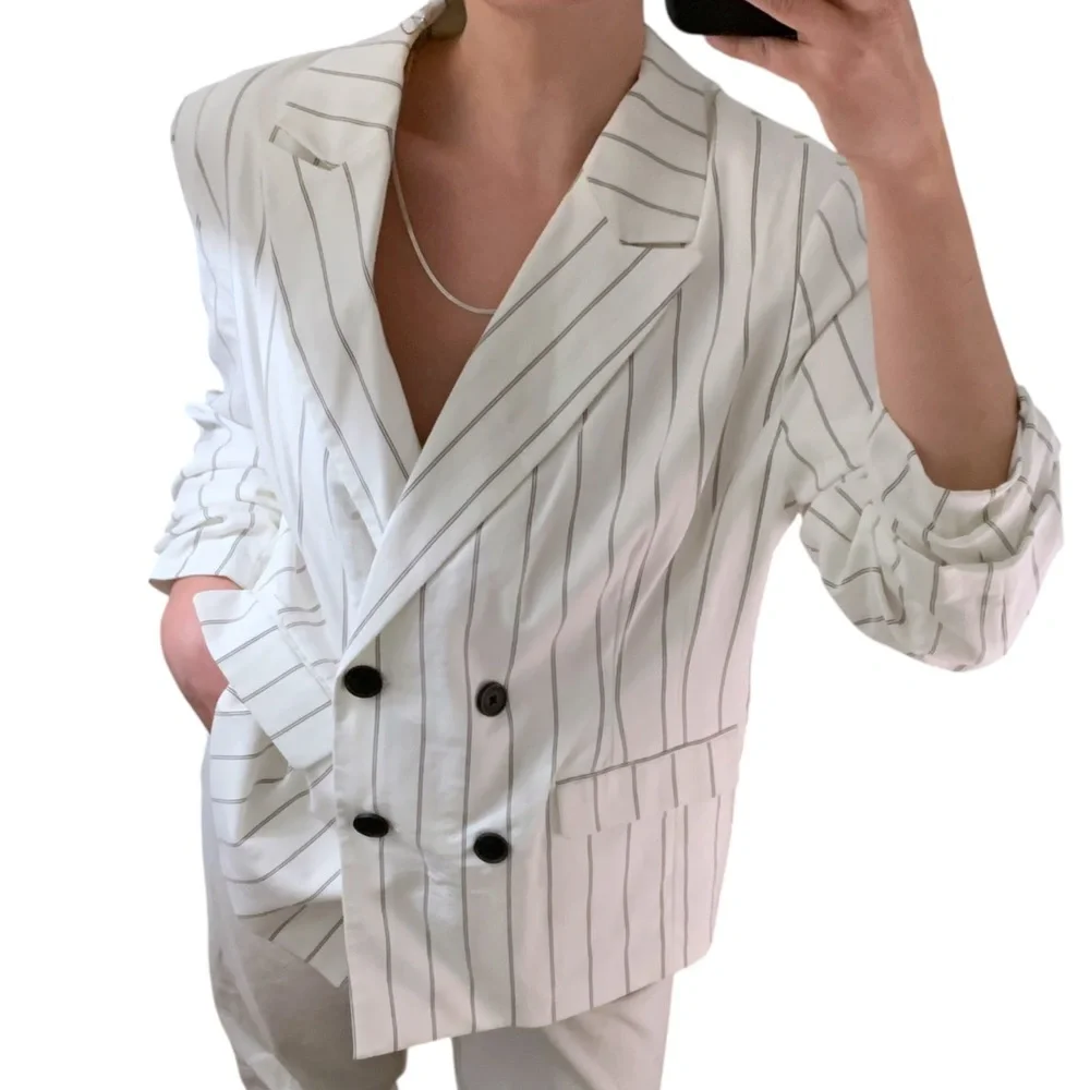 NWOT A NEW DAY 100% Cotton White Black Pinstripe Double Breasted Blazer - sz 16W - Picture 1 of 16